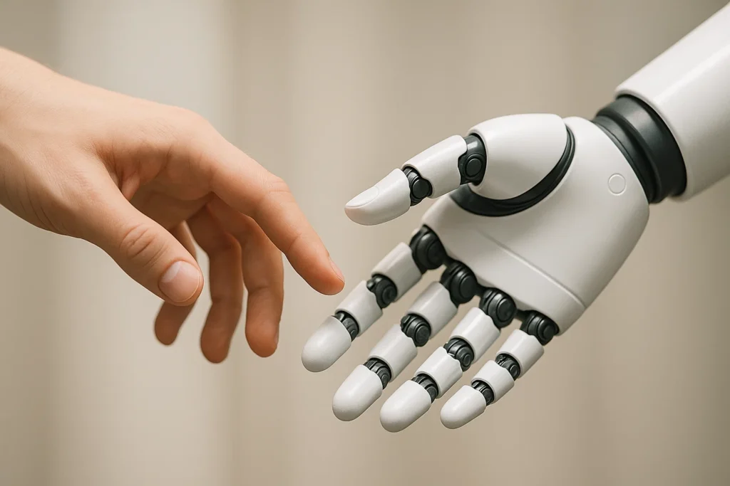 A human and a robot shaking hands collaboratively, representing virtual assistant jobs